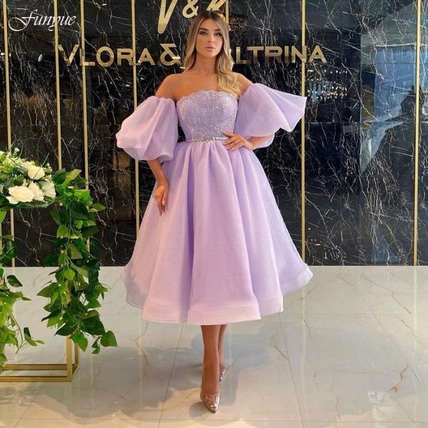 

party dresses funyue lilac short prom 2021 off shoulder organza a-line lace bodice puffy sleeves tea-length evening formal gowns, White;black