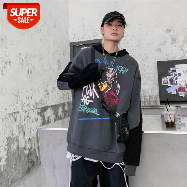 

original national tide street hip-hop sweater, high oversize graffiti print, contrast color fake two-piece hooded sweater #pb1u, Black