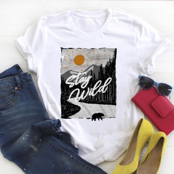 

river bear animal cute women short sleeve print summer tee ladies clothes graphic, White