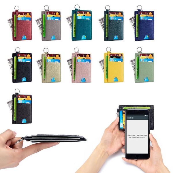 

card holders leather holder stitched wallet rfid protect slim men women ultra-thin coin purse with keychain, Brown;gray