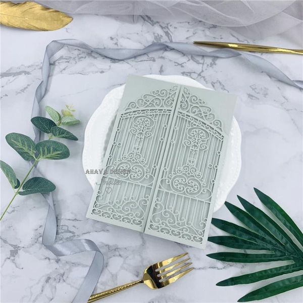 

greeting cards vintage slate silver intricate laser cut gate-folded wedding invitation kits, personalized gary invites with belly band