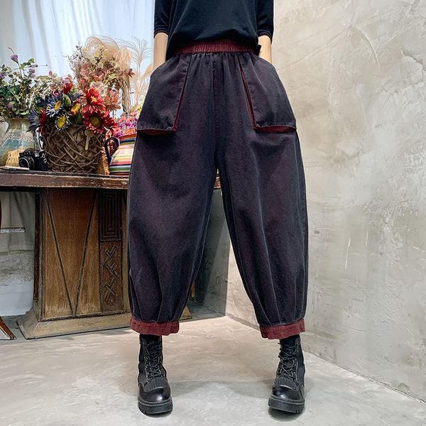 

women's jeans 2021 spring autumn arts style women elastic waist loose big pocket spliced colour vintage cotton denim harem pants v373, Blue