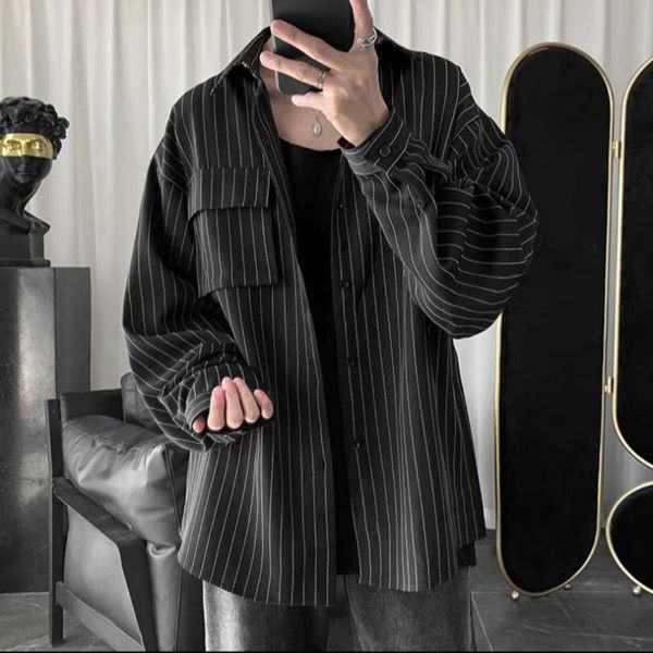 

men's casual shirts jacket autumn striped shirt long sleeve loose ruffian handsome personality hong kong trend korean, White;black