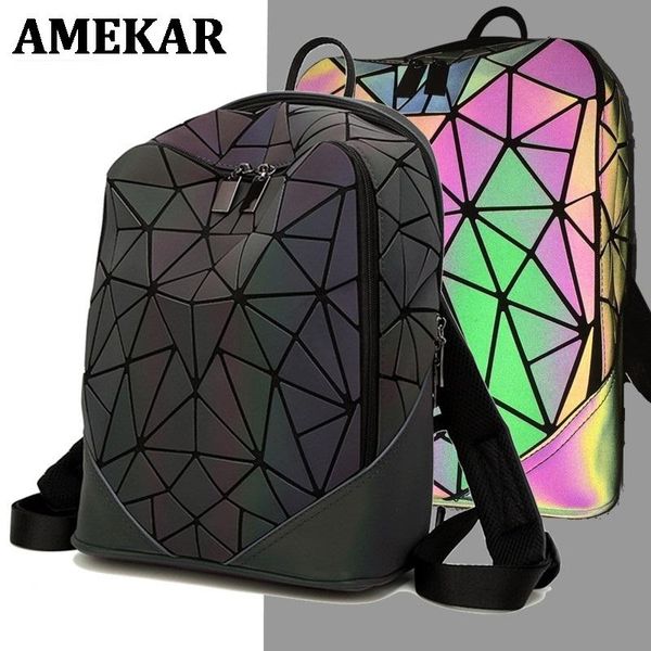 

backpack women luminous geometric plaid female backpacks for teenage girls bagpack bag holographic school mochila pu