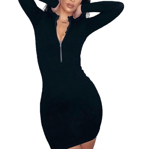 

fashion women ladies autumn casual long sleeve zipper dress solid color mini black gray rose red dresses