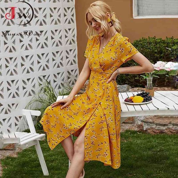

summer v neck casual womens dress beach elegant a line floral print midi short sleeve split party holiday robe femme, Black;gray