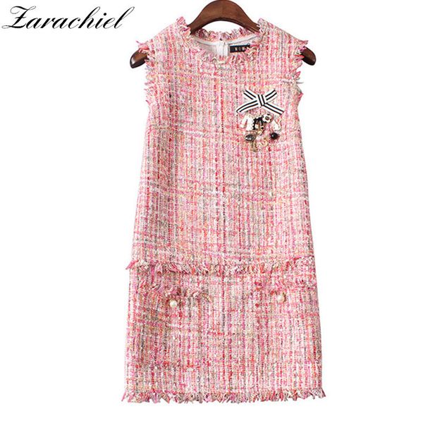

europe small fragrant ladies women winter luxurious beading appliques pink tweed wool sleeveless vest mini dress 210416, Black;gray