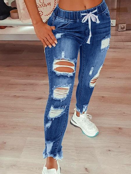 

jean cotton ripped jeans women 2021 streetwear mid drawstring elastic waist skinny slimming hole denim pants, Blue