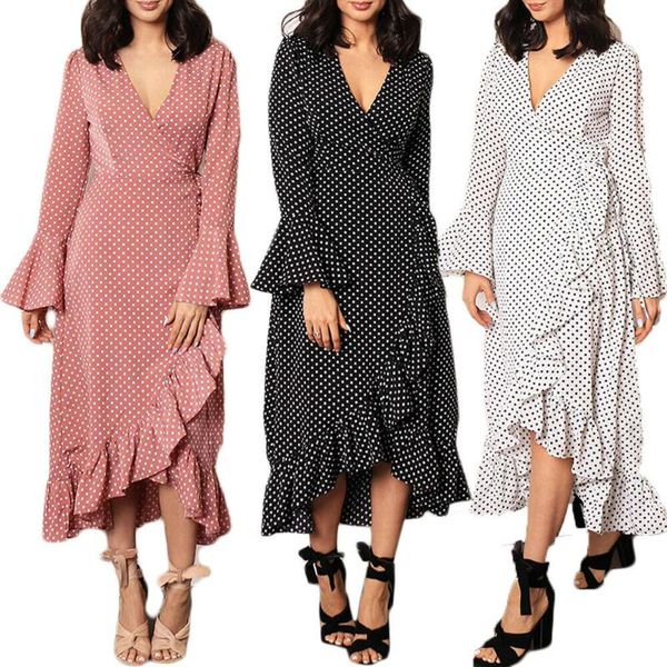 

office lady polka dots dress women plus size long fashion flare sleeve high waist ruffled 2021 spring casual dresses, Black;gray