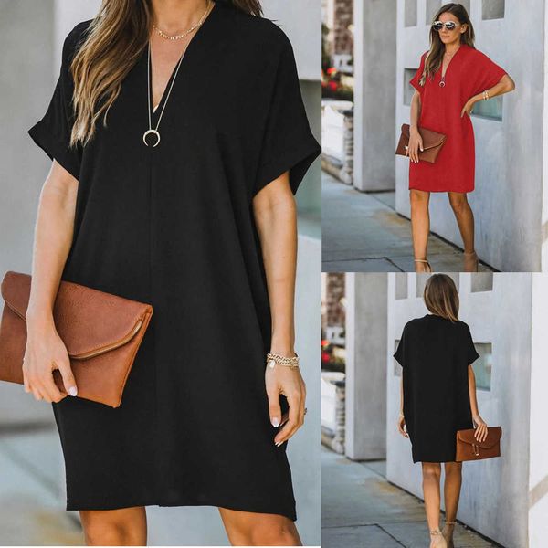 

2021 women's v-neck short sleeve solid loose drs, Black;gray