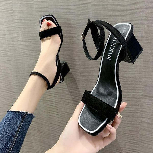 

comfort shoes for women block heels luxury sandals square toe 2021 summer suit female beige buckle strap chunky fashion girls op, Black