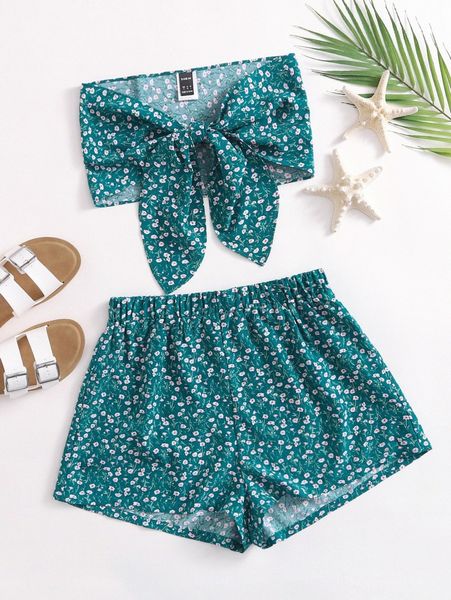 

tie front ditsy floral tube crop & shorts set r83k#, White