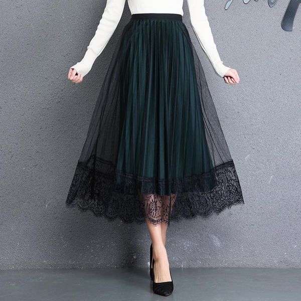 

skirts 2021 autumn winter high waist lace 4 colors women elastic mesh long skirt elegant pleated party casual, Black