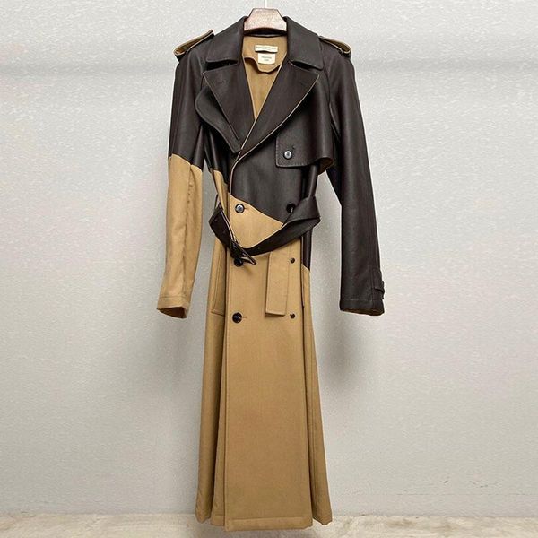 

women's leather & faux bv20 big brand windbreaker long slim autumn and winter coat sun yizhen star's same, Black