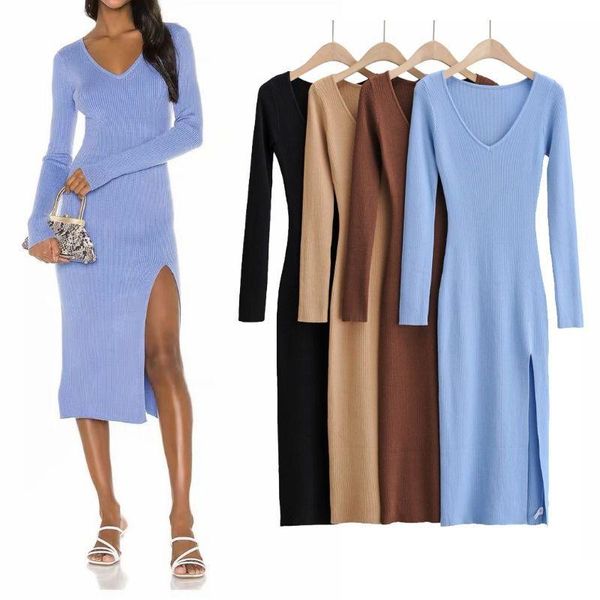 

casual dresses women bandage dress black sweater knitted mid for party autumn long sleeve club, Black;gray