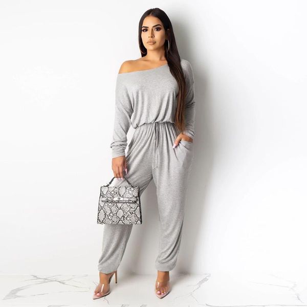 

women's jumpsuits & rompers autumn women slash neck long sleeve jumpsuit casual solid color drawstring romper office lady side pockets, Black;white