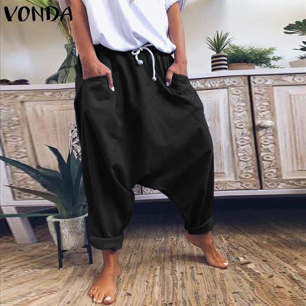 

women's pants & capris vonda women harem trousers 2021 summer elastic waist denim long casual loose pantalon femme plus size elegant 5x, Black;white