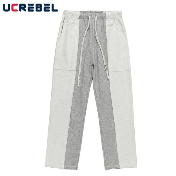 

men's pants contrast paneled sweatpants mens high street patchwork elastic waist casual streetwear loose wide leg trousers men, Black