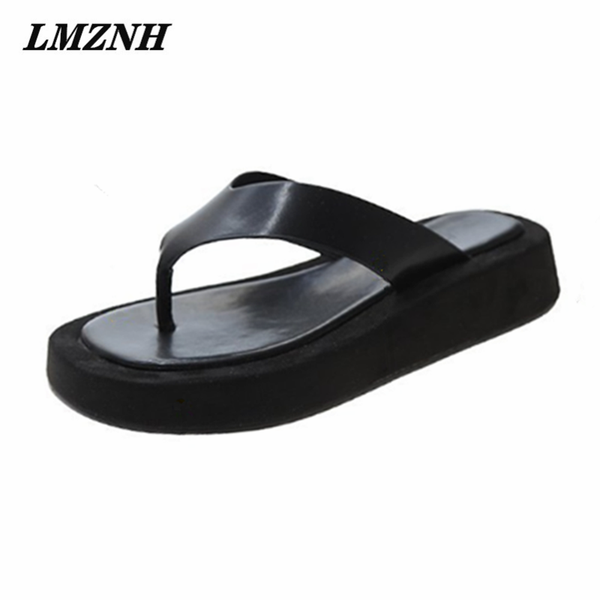 

summer simple slippers women all-match flat flip flops platform slides non-slip outdoor beach shoes, Black