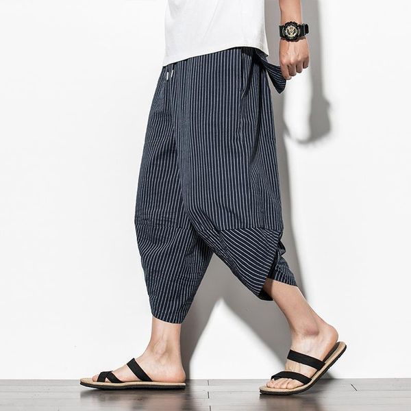 

men's pants baggy cotton harem men 2021 summer japanese vintage striped women hip hop plus size wide leg pantalon, Black