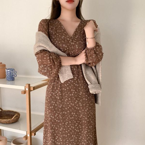 

casual dresses wavsiyier woman a-line print floral chiffon dress women party vintage loose 2021 korean style elegant long sleeve spring, Black;gray