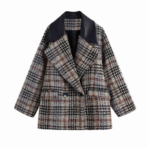 

vintage woman loose patchwork plaid textured jacket spring autumn fashion ladies oversized coats female casual outerwear 210515, Black;brown