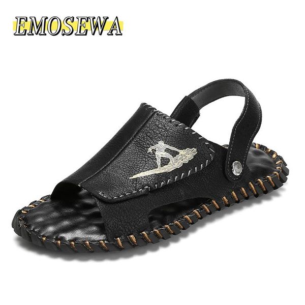 

slippers emosewa genuine leather shoes men summer deodorant sandals casual beach fashion flip flops sandalias, Black
