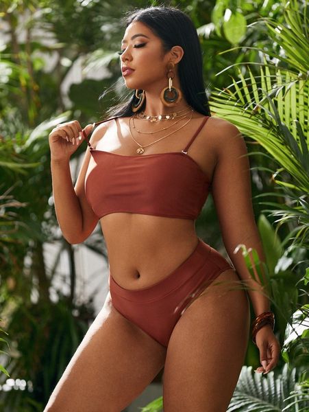 

plus plain high waisted bikini swimsuit i5ho#, Black