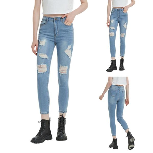 

women's jeans women casual high waist skinny stretchy ladies fashion rippped denim pants tight long trousers outwear bottoms, Blue
