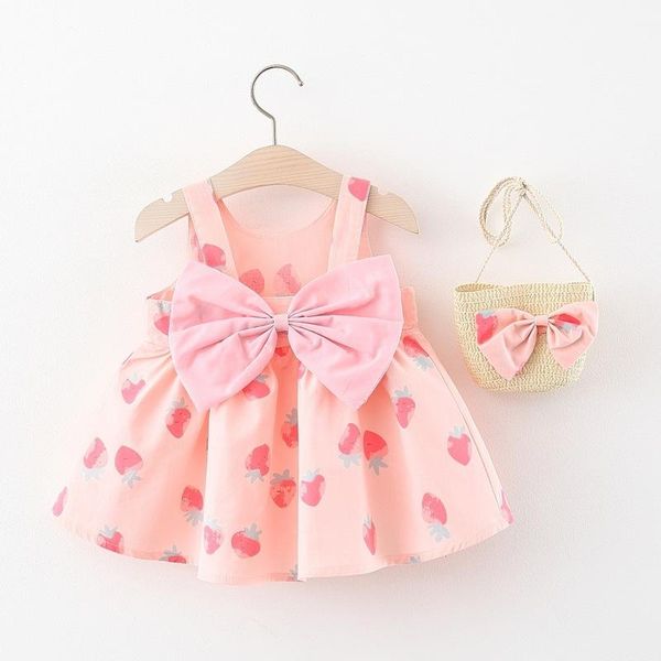 

summer holiday infant girls strawberry print sleeveless sundress princess party cute baby kids beach dress + bag vestidos girl's dresse, Red;yellow