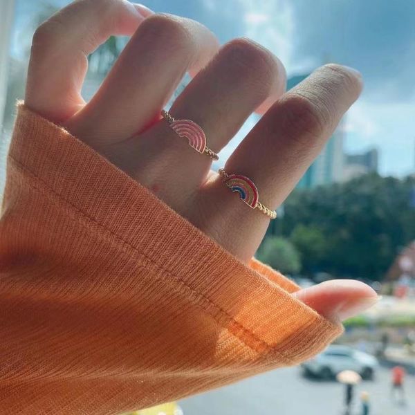 

wedding rings kkbead enamel rainbow ring for women wholesale enamelled ins fashion finger jewelry gift girl colorful adjustable, Slivery;golden