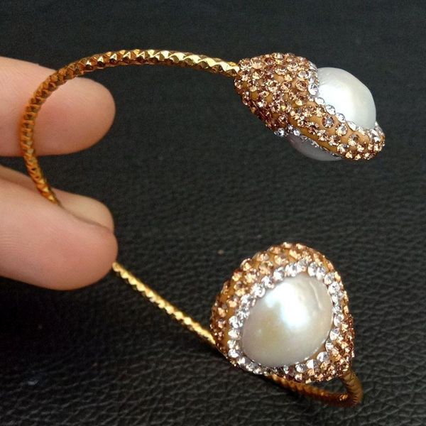 

cultured white keshi pearlÂ cz pave gold color plated bangle bracelet, Black