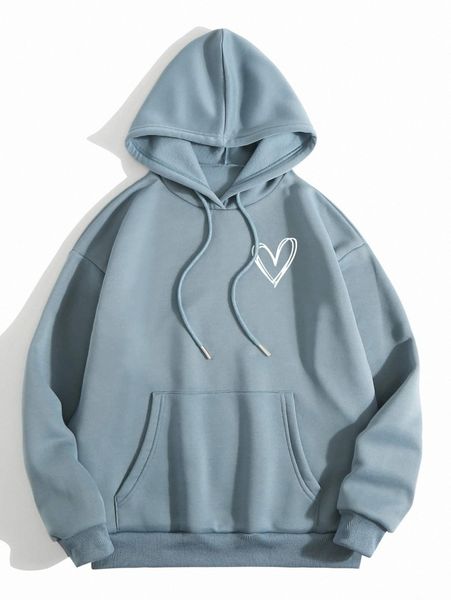 

heart print thermal lined drawstring hoodie x3u9#, White;black
