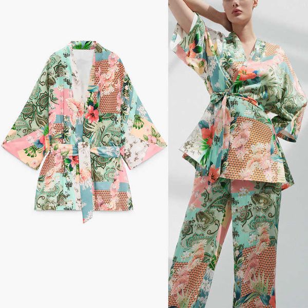 

za summer patchwork print kimono blouse women elegant long sleeve belt short kimono fashion side vents vintage woman 210602, White