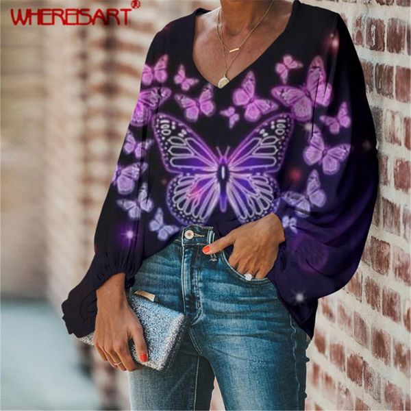 

blouse purple butterfly printing long sleeve women blouses v-neck loose ladies work office shirts women's &, White