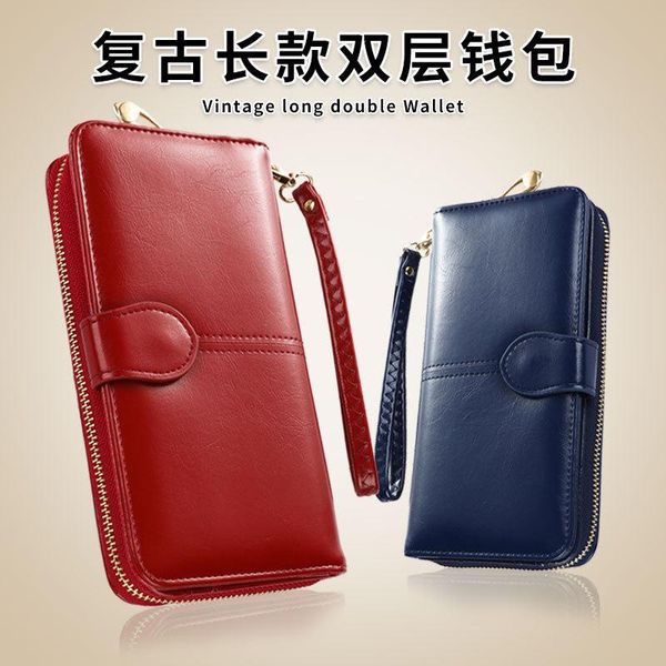 

wallets oil wax leather wallet long zipper mobile phone bag vintage card women's, Red;black