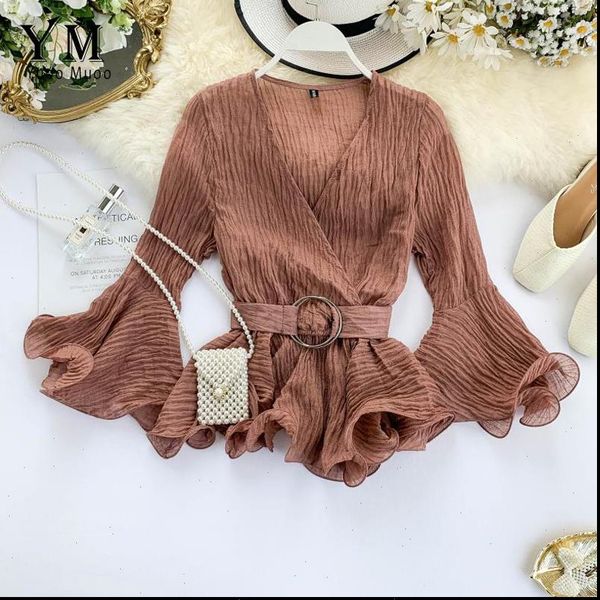 

yuoomuoo elegant women shirts sashes bandage autumn blouse shirt v neck korean style ruffle long sleeve chiffon top, White