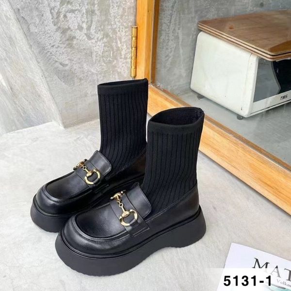 

spring and autumn cattle leather thick bottom short women show 2021 net red socks elastic thin martin boots, Black