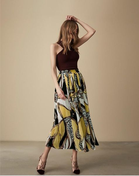 

spring and summer models chiffon folding skirt medium-length printing big swing skirts, Black