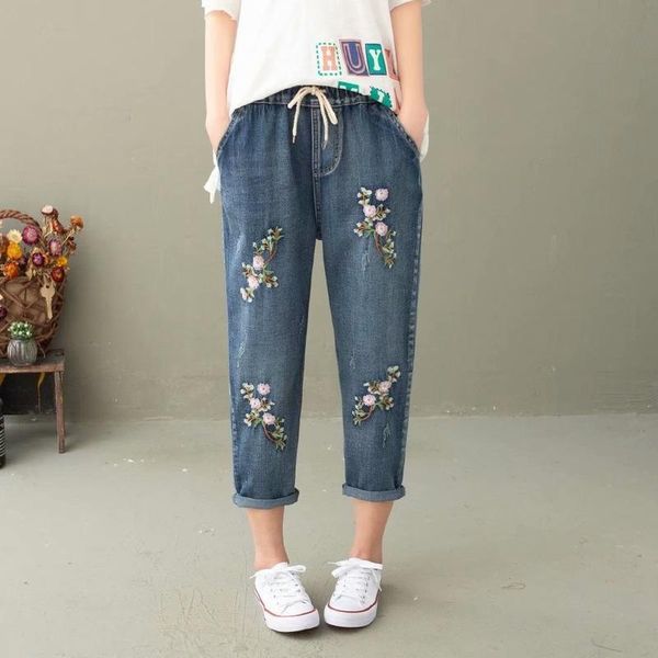 

women's jeans -3xl floral embroidered casual slim 8/10 denim pants, Blue