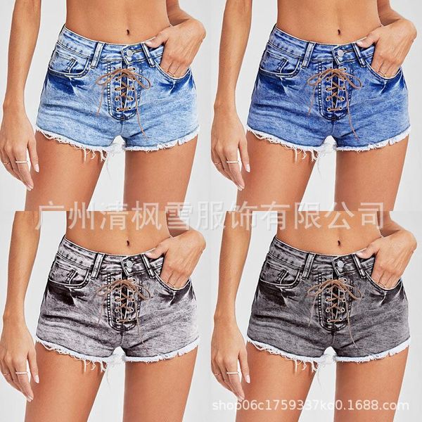 

women's jeans lace mid-waist short pants for women 2021 summer style fringed denim shorts cotton washed, Blue