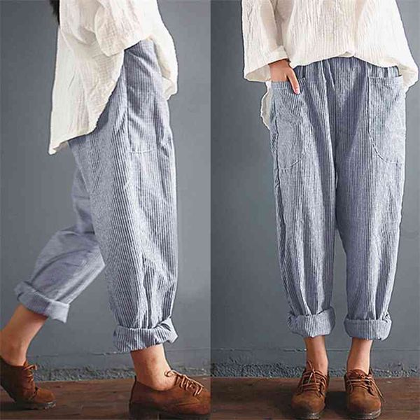 

autumn striped cotton linen strechy elastic high waist loose pants long trousers women's casual capris with pockets 210915, Black;white
