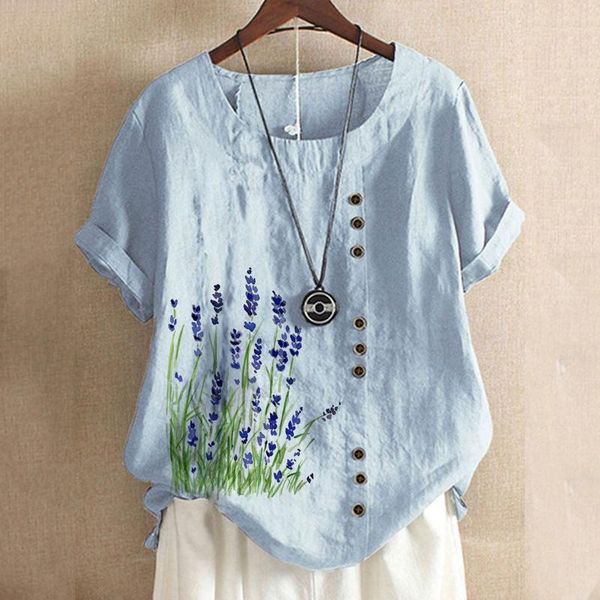 

women's t-shirt printed cotton and linen short-sleeved button vintage shirt loose casual summer blusas feminina verao 2021, White