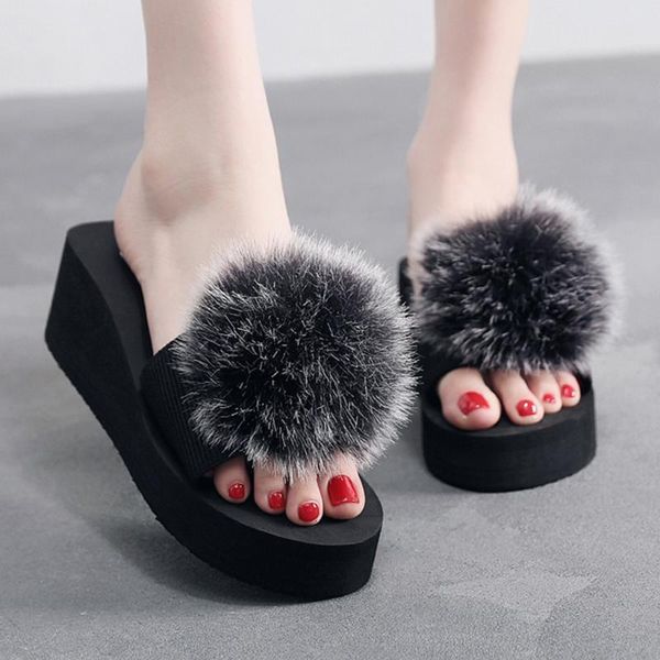 

slippers women wedges platforms shoes spring summer indoor&outdoor non-slip ladies' home fur ball 2021, Black