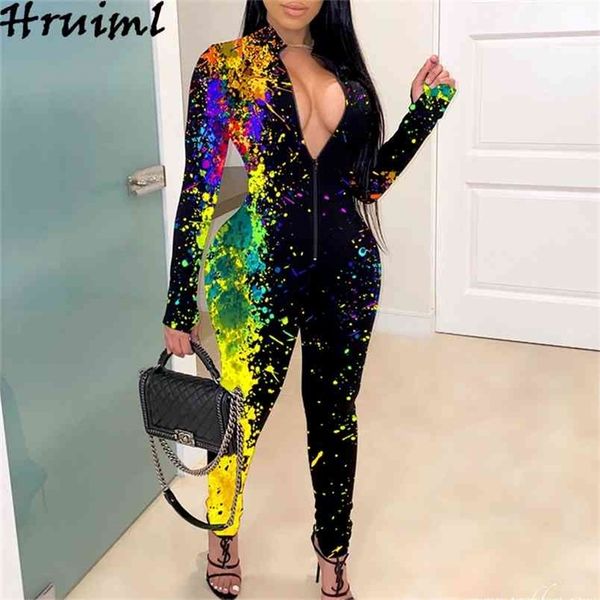 Bunte Tie Dye Print Bodysuit Damen Jumpsuits Langarm Stehkragen Reißverschluss Bleistift Hosen Strampler Outfit Plus Size 210513