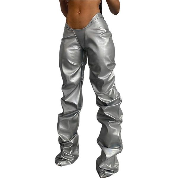 

women's pants & capris xingqing black silver pu leather women pleated night club hip hop low waist ladies party straight leg trousers, Black;white