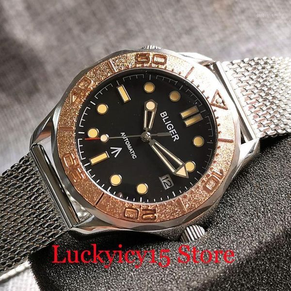 

wristwatches black dress selfwinding men watch luminous marks nh35a mesh strap alloy rose gold insert unidirectional bezel ring, Slivery;brown