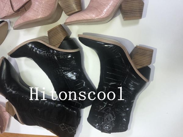 

boots light blue genuine leather women 2021 pointed toe western cowboy mid-calf chunky wedges runway, Black