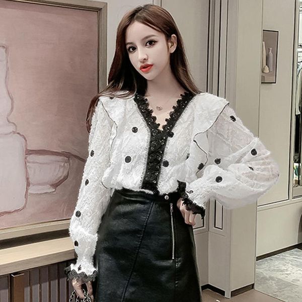 

women's spring autumn style chiffon blouse shirt polka dot embroidery v-neck long sleeve elegant lace dd8426 blouses & shirts, White