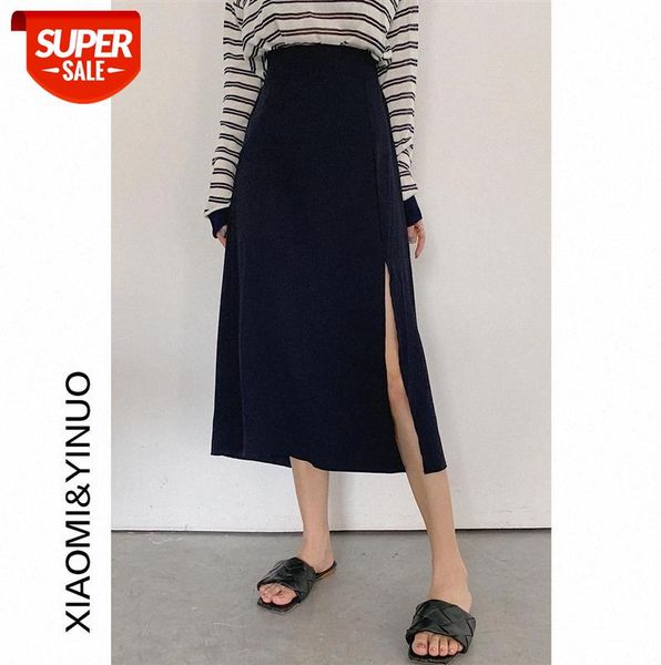 

[ou fan] 7420 stitching half-length skirt female was thin, long with side slit a-line #x29g, Black;gray